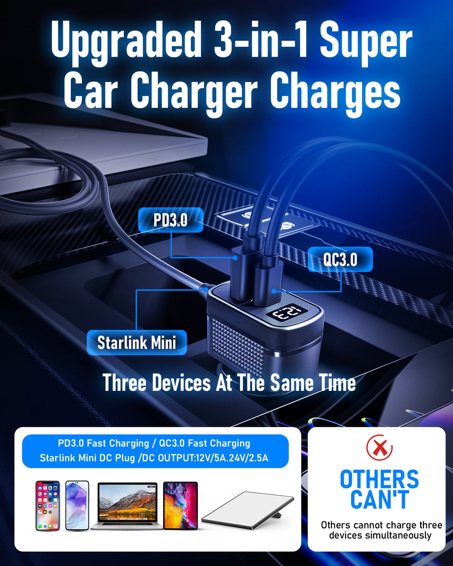 Starlink Mini Cigarette Lighter Adapter, 10FT/3M DC Power Cable, 12V-24V with USB-C, Type-C & 3 Ports for Simultaneous Charging, Overheat Protection, Plug and Play Waterproof Cord for Cars, Trucks, RVs, Accessories